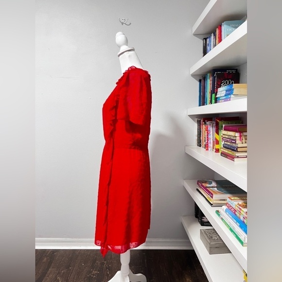 Monique Lhuillier Red Chiffon Ruffle Floral Flutter Sleeve Dress size 10 - Picture 7 of 15